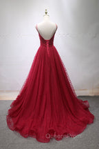 Burgundy V-Neck Tulle Long Evening Prom Dress, A-Line Backless Evening Party Dress