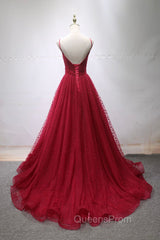 Burgundy V-Neck Tulle Long Evening Prom Dress, A-Line Backless Evening Party Dress