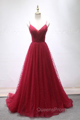 Burgundy V-Neck Tulle Long Evening Prom Dress, A-Line Backless Evening Party Dress