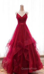 Burgundy v neck tulle long Evening Prom Dress, burgundy evening Dress