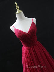 Burgundy v neck tulle long Evening Prom Dress, burgundy tulle formal Dress