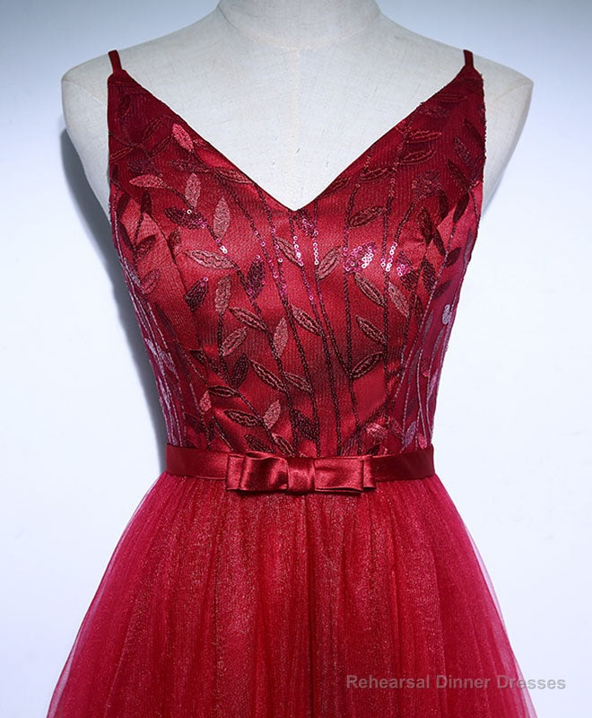 Burgundy V Neck Tulle Long Prom Dress, Evening Dress Secondary image