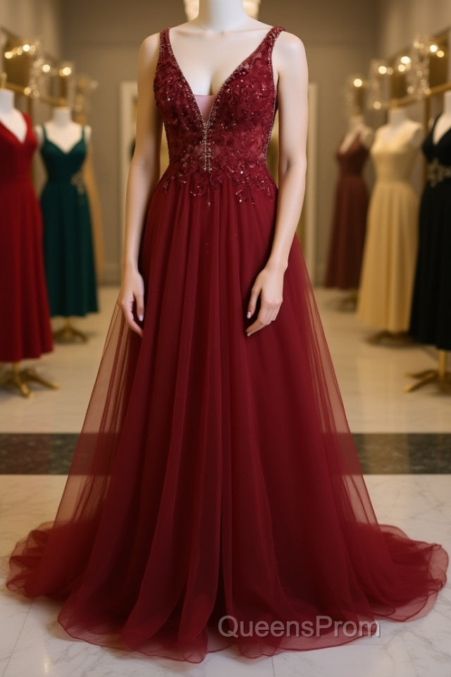 Burgundy v neck tulle sequin lace long Evening Prom Dress Main image