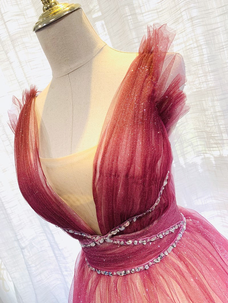 Burgundy V Neck Tulle Sequin Long Classy Prom Dress Burgundy Classy Dress Secondary image