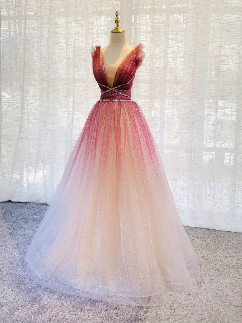 Burgundy V Neck Tulle Sequin Long Classy Prom Dress Burgundy Classy Dress