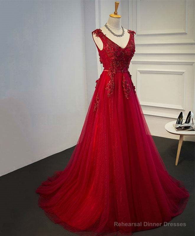 Burgundy V Neck Tulle Short Long Dress, Burgundy Evening Dress Secondary image