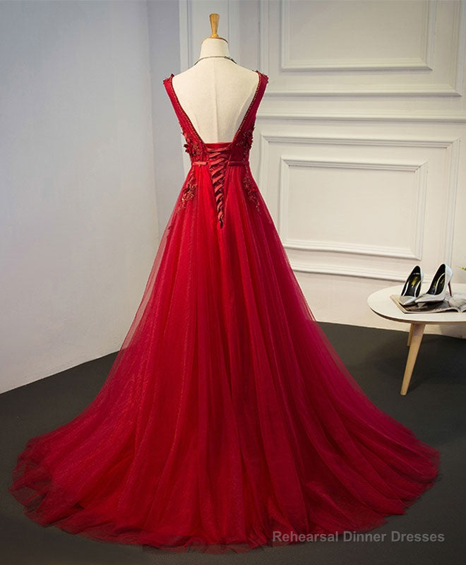 Burgundy V Neck Tulle Short Long Dress, Burgundy Evening Dress