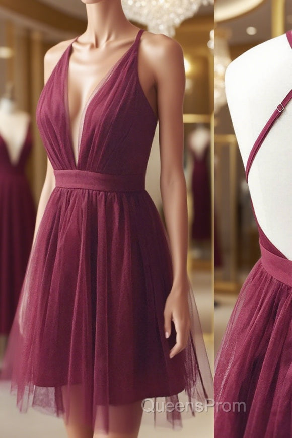 Burgundy v neck tulle short Evening Prom Dress burgundy homecoming Dress Main image