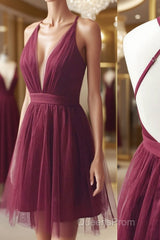 Burgundy v neck tulle short Evening Prom Dress burgundy homecoming Dress