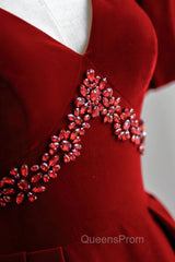 Burgundy V-Neck Velvet Long Evening Dress, A-Line Short Sleeve Evening Dress