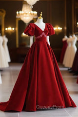 Burgundy V-Neck Velvet Long Evening Dress, A-Line Short Sleeve Evening Dress