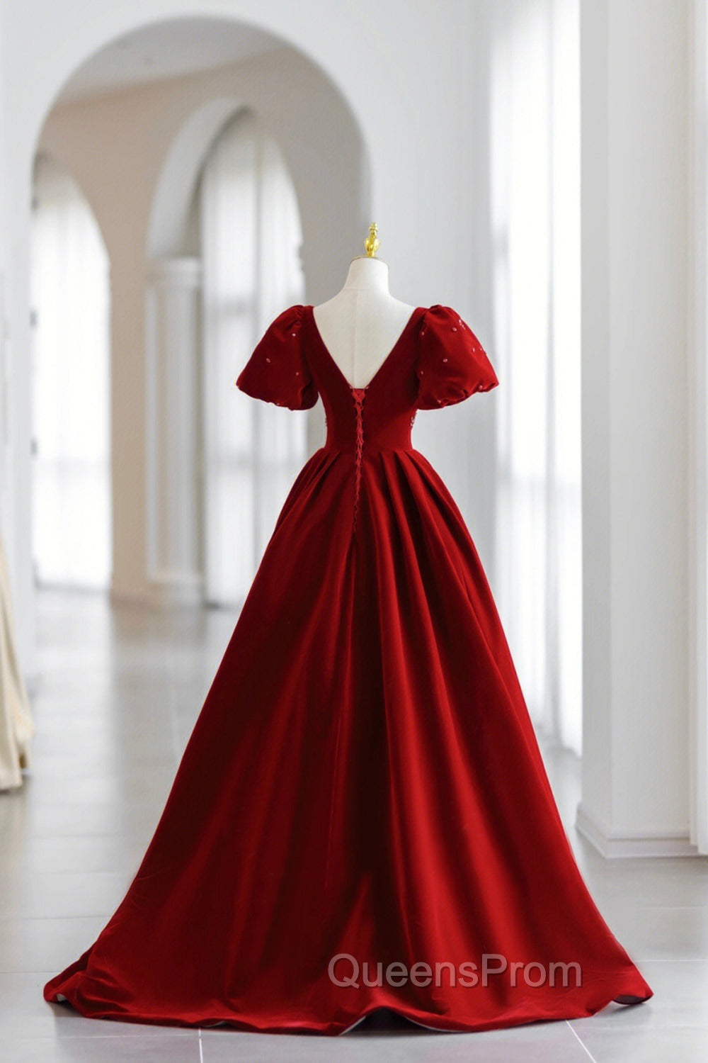 Burgundy V-Neck Velvet Long Evening Dress, A-Line Short Sleeve Evening Dress