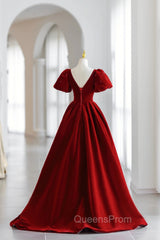 Burgundy V-Neck Velvet Long Evening Dress, A-Line Short Sleeve Evening Dress