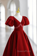 Burgundy V-Neck Velvet Long Evening Dress, A-Line Short Sleeve Evening Dress