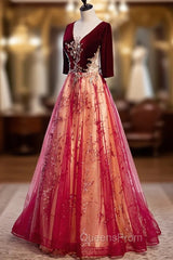 Burgundy V-Neck Velvet Tulle Long Evening Prom Dress, A-Line 1/2 Sleeve Evening Dress