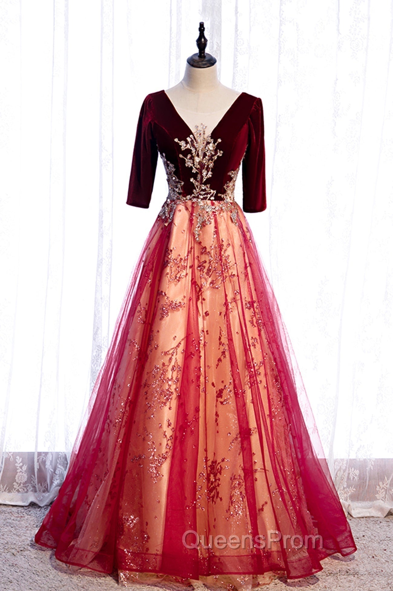 Burgundy V-Neck Velvet Tulle Long Evening Prom Dress, A-Line 1/2 Sleeve Evening Dress Main image