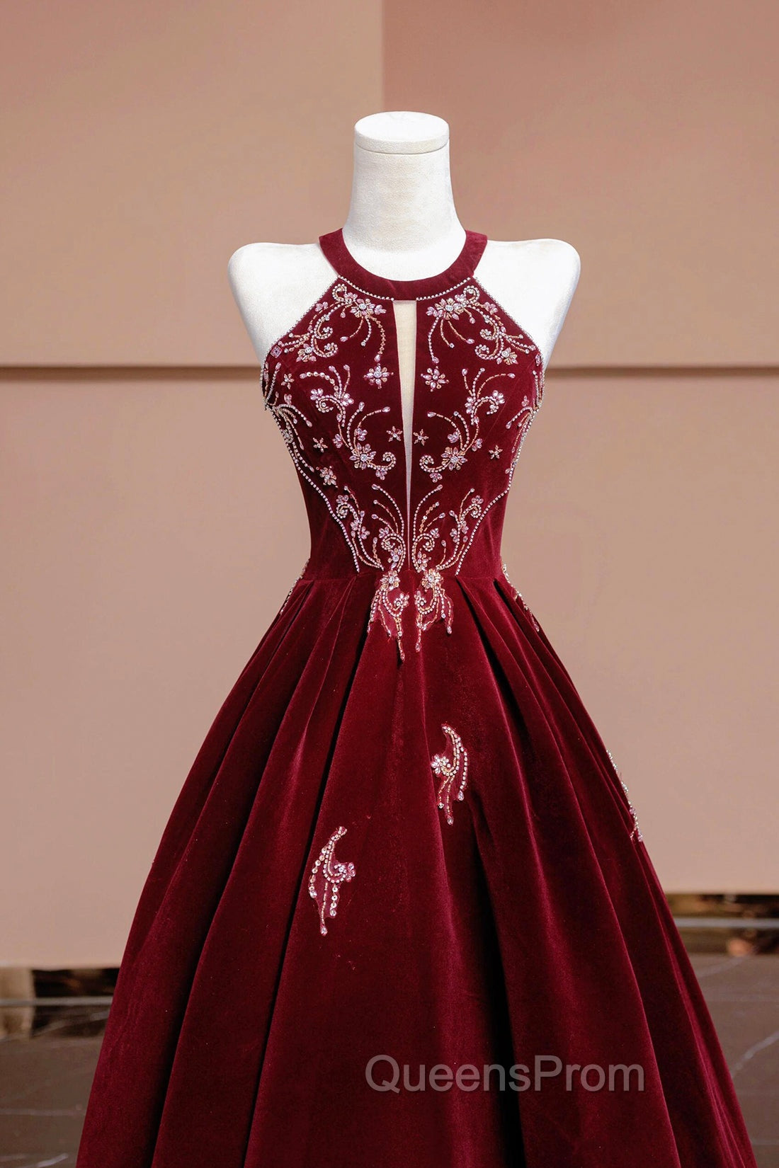 Burgundy Velvet Beaded Long Evening Prom Dress, Elegant A-Line Evening Party Dress Secondary image