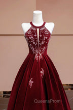 Burgundy Velvet Beaded Long Evening Prom Dress, Elegant A-Line Evening Party Dress