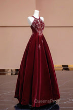 Burgundy Velvet Beaded Long Evening Prom Dress, Elegant A-Line Evening Party Dress