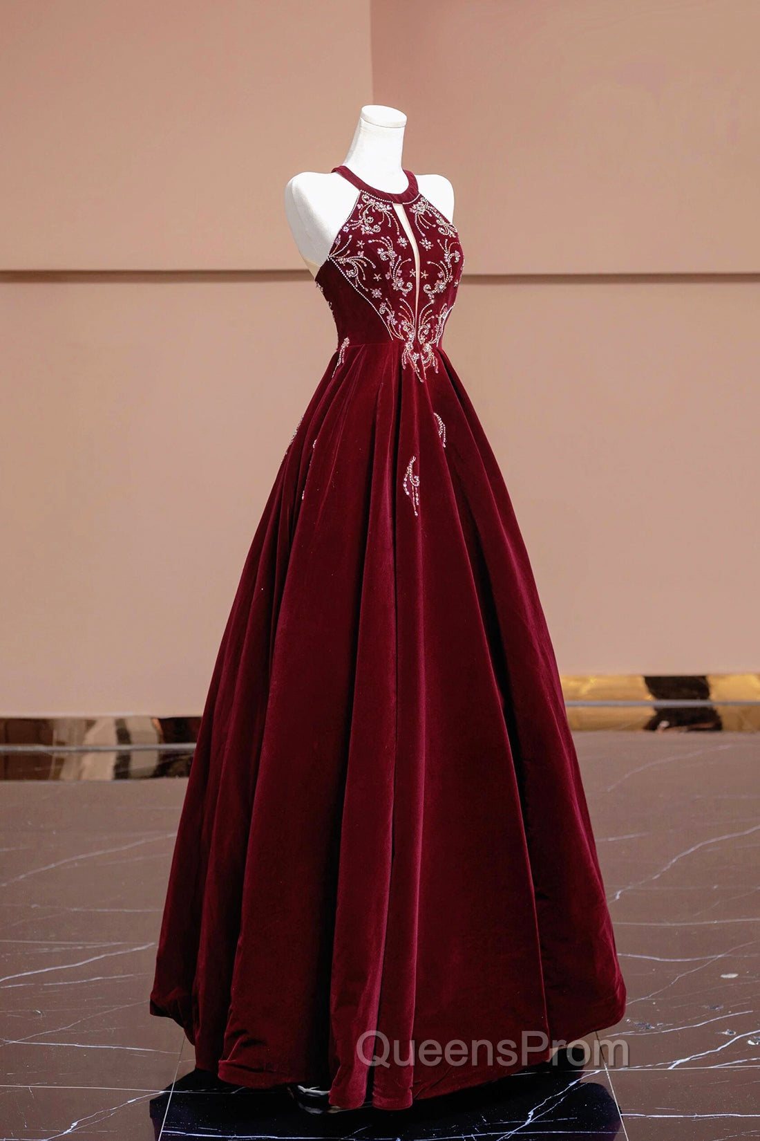 Burgundy Velvet Beaded Long Evening Prom Dress, Elegant A-Line Evening Party Dress