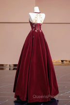 Burgundy Velvet Beaded Long Evening Prom Dress, Elegant A-Line Evening Party Dress