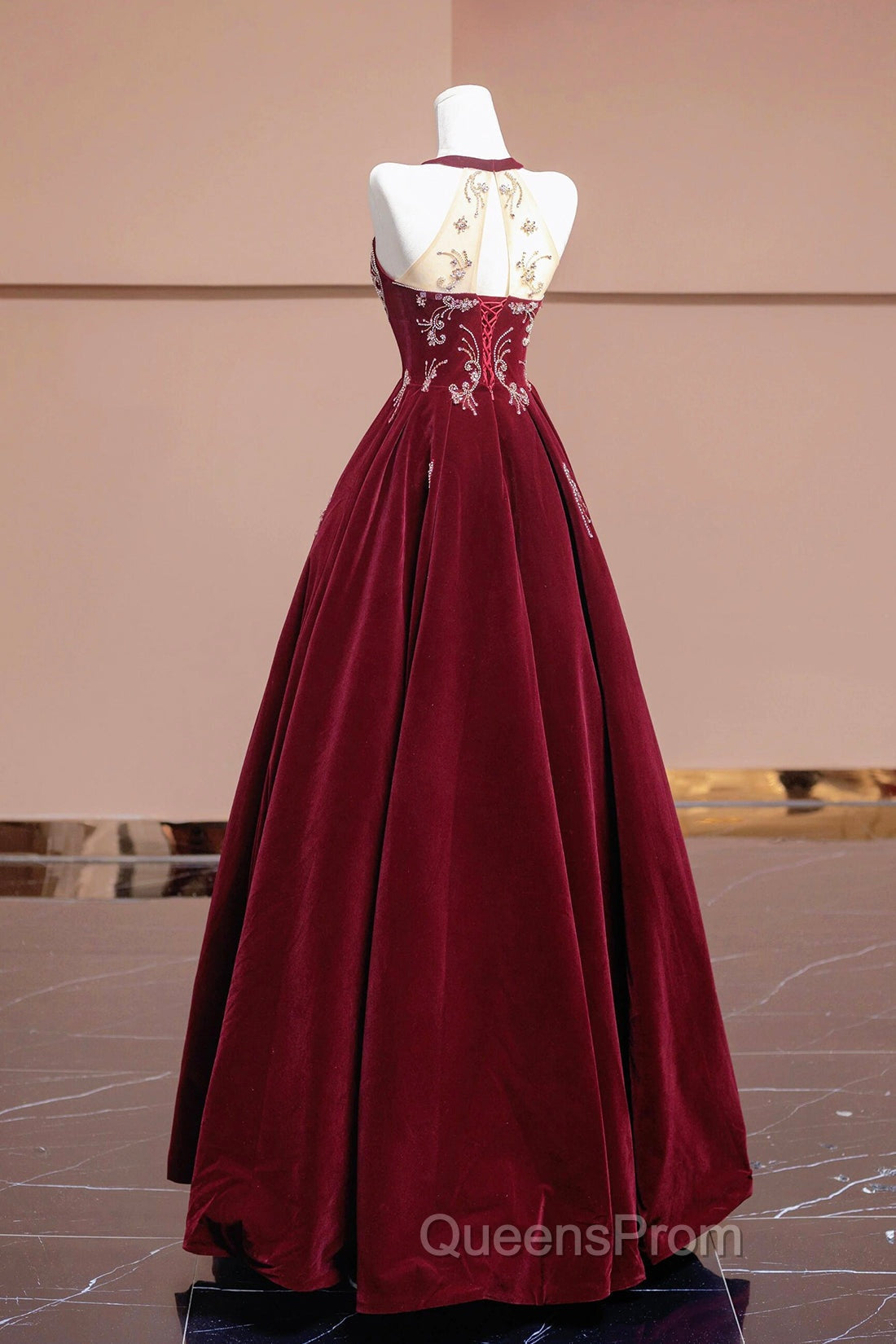 Burgundy Velvet Beaded Long Evening Prom Dress, Elegant A-Line Evening Party Dress