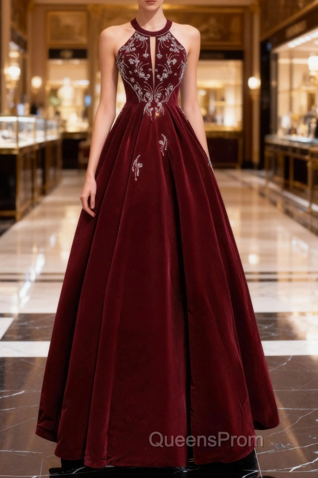 Burgundy Velvet Beaded Long Evening Prom Dress, Elegant A-Line Evening Party Dress Main image