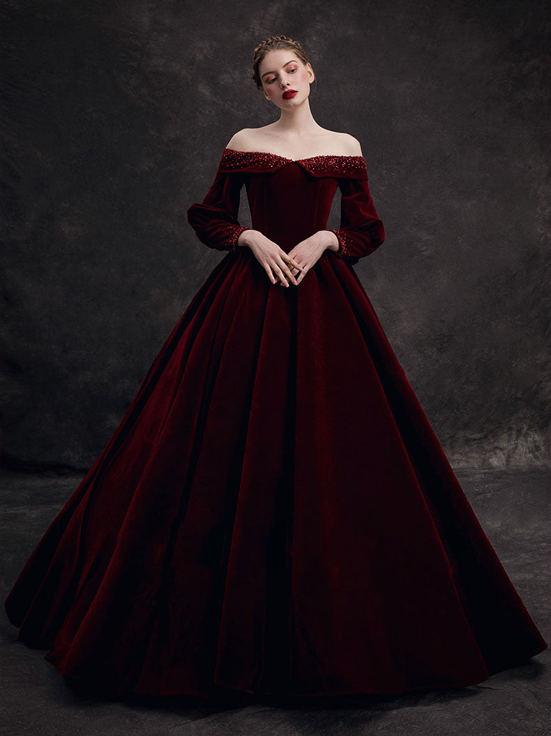 Burgundy Velvet Beads Long Classy Prom Dress, Burgundy Prom Dress Secondary image