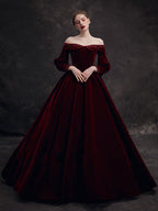 Burgundy Velvet Beads Long Classy Prom Dress, Burgundy Prom Dress