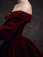Burgundy Velvet Beads Long Classy Prom Dress, Burgundy Prom Dress