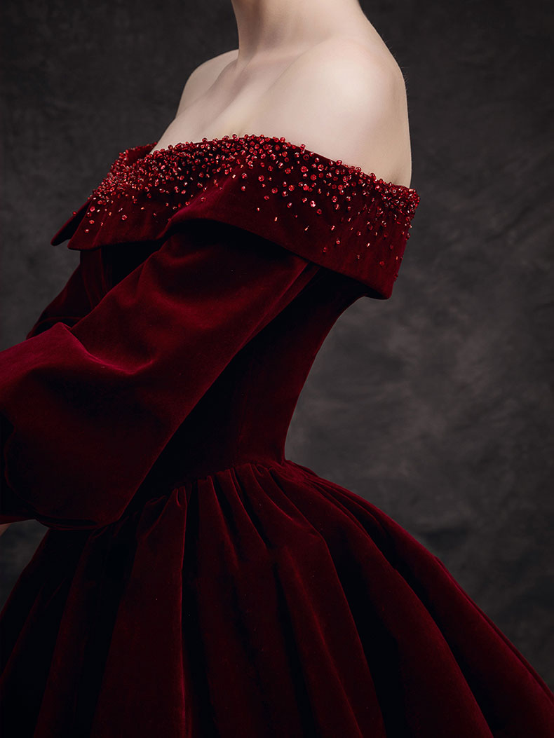 Burgundy Velvet Beads Long Classy Prom Dress, Burgundy Prom Dress