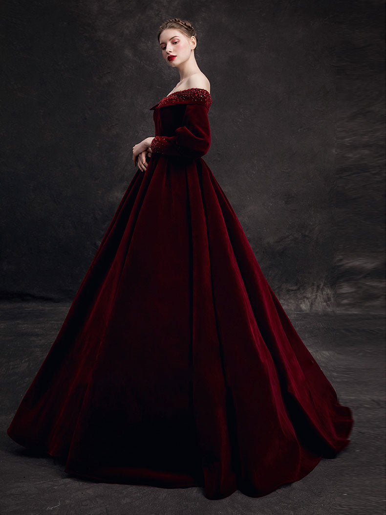 Burgundy Velvet Beads Long Classy Prom Dress, Burgundy Prom Dress