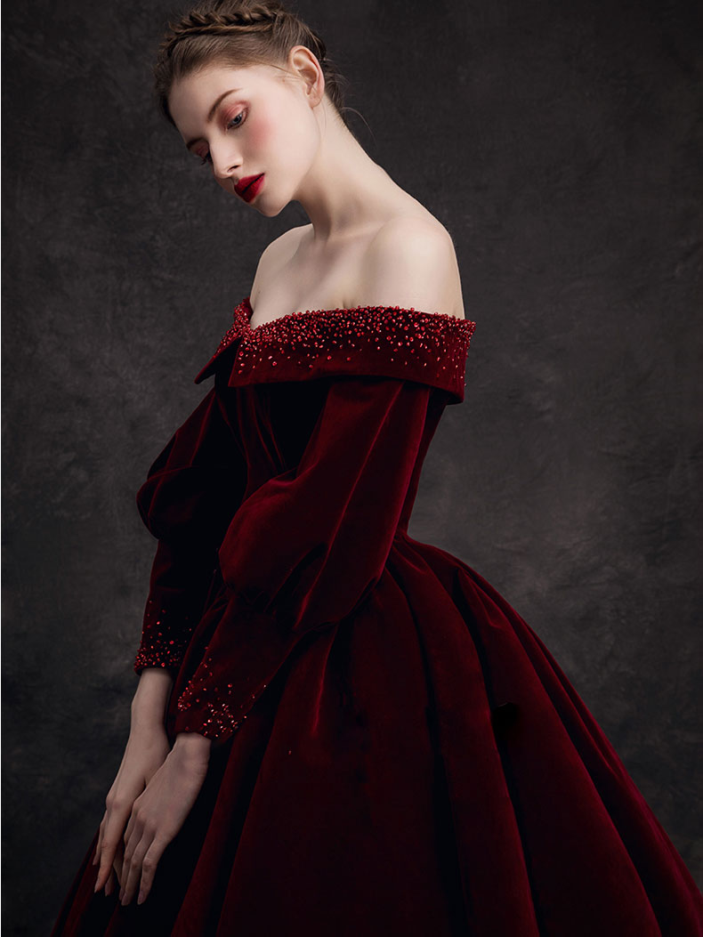 Burgundy Velvet Beads Long Classy Prom Dress, Burgundy Prom Dress