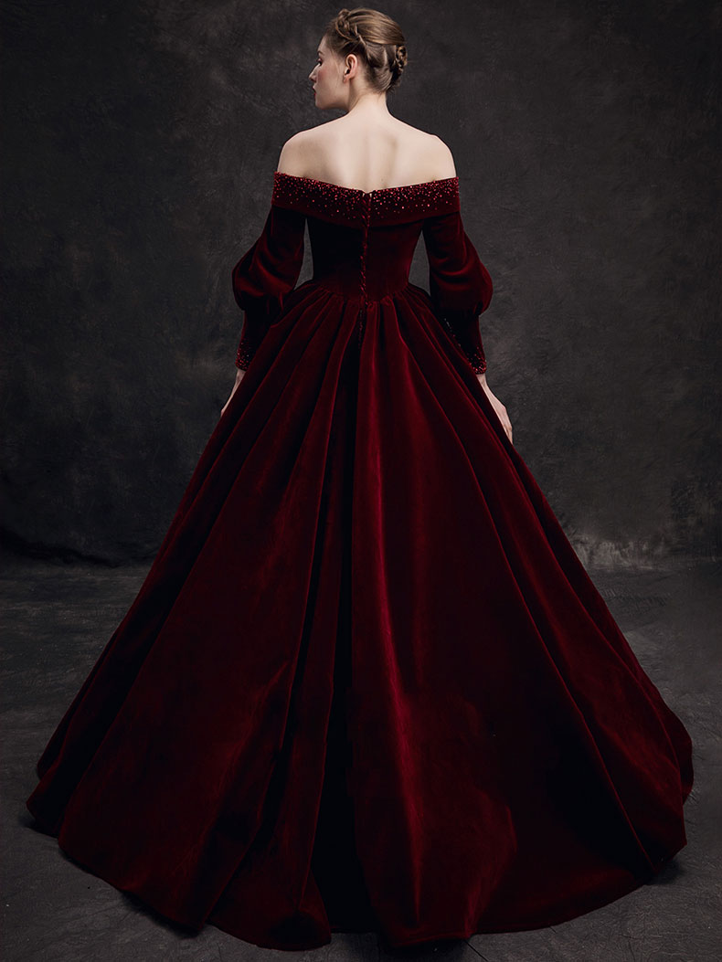 Burgundy Velvet Beads Long Classy Prom Dress, Burgundy Prom Dress