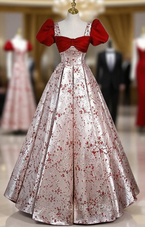 Burgundy Velvet Champagne Satin Short Sleeve Evening Prom Dress