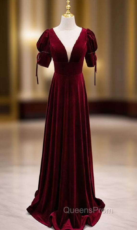 Burgundy Velvet Dee V-neck Short Sleeve Evening Prom Dress Main image