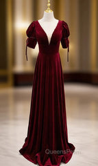 Burgundy Velvet Dee V-neck Short Sleeve Evening Prom Dress