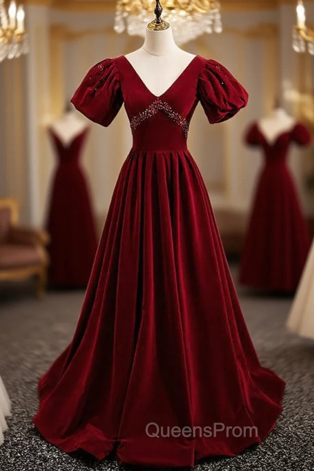 Burgundy Velvet Deep V-neck Backless Crystal Evening Prom Dress