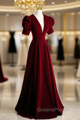 Burgundy Velvet Deep V-neck Puff Sleeve Evening Prom Dress