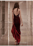 Burgundy Velvet Floor Length Mermaid Evening Prom Dress, Velvet Bridesmaid Dress