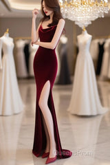 Burgundy Velvet Floor Length Mermaid Evening Prom Dress, Velvet Bridesmaid Dress