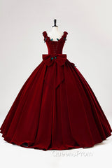 Burgundy Velvet Floor Length Evening Prom Dress, A-Line Evening Party Dress With Flowers