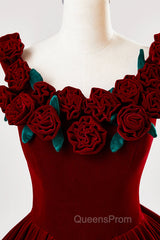 Burgundy Velvet Floor Length Evening Prom Dress, A-Line Evening Party Dress With Flowers