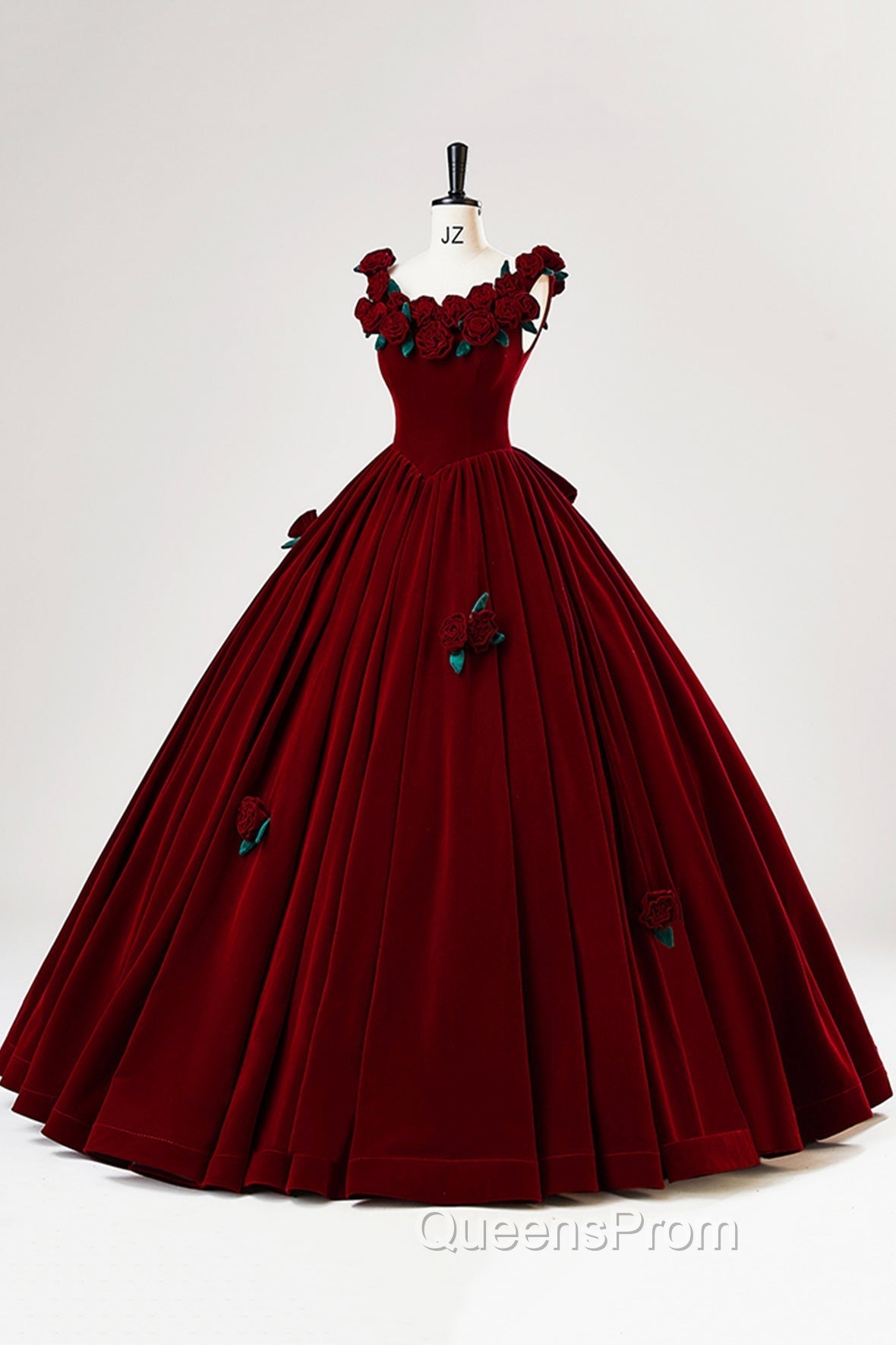 Burgundy Velvet Floor Length Evening Prom Dress, A-Line Evening Party Dress With Flowers