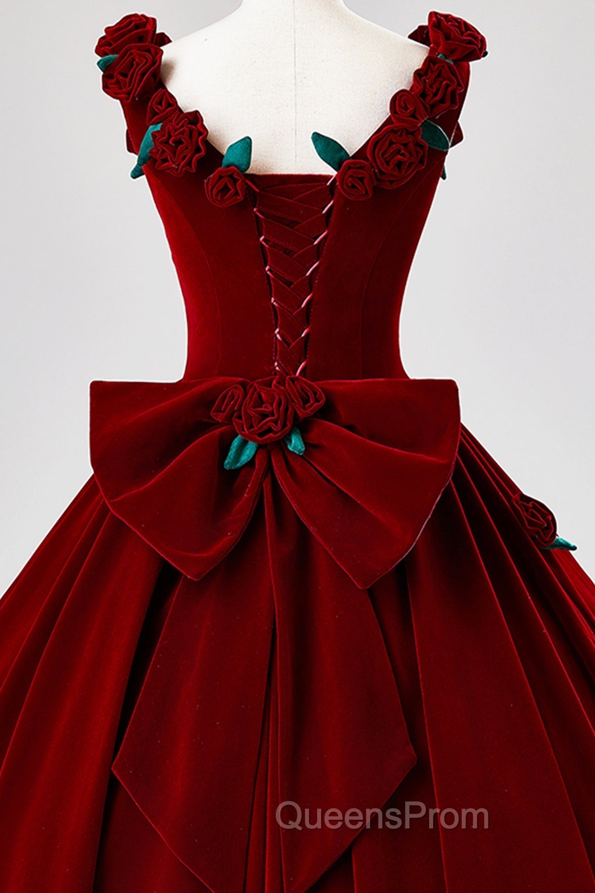 Burgundy Velvet Floor Length Evening Prom Dress, A-Line Evening Party Dress With Flowers