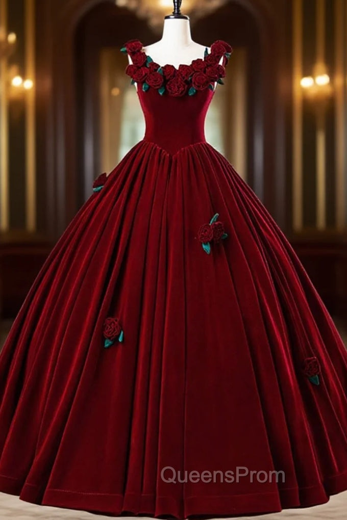 Burgundy Velvet Floor Length Evening Prom Dress, A-Line Evening Party Dress With Flowers Main image