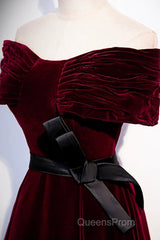 Burgundy Velvet Floor Length Evening Prom Dress, Elegant Off The Shoulder Party Dress