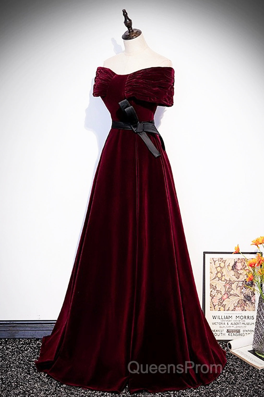 Burgundy Velvet Floor Length Evening Prom Dress, Elegant Off The Shoulder Party Dress