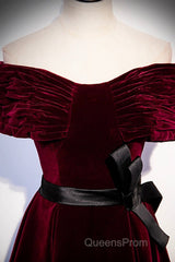 Burgundy Velvet Floor Length Evening Prom Dress, Elegant Off The Shoulder Party Dress