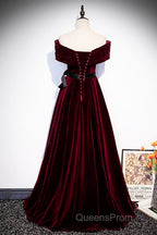 Burgundy Velvet Floor Length Evening Prom Dress, Elegant Off The Shoulder Party Dress